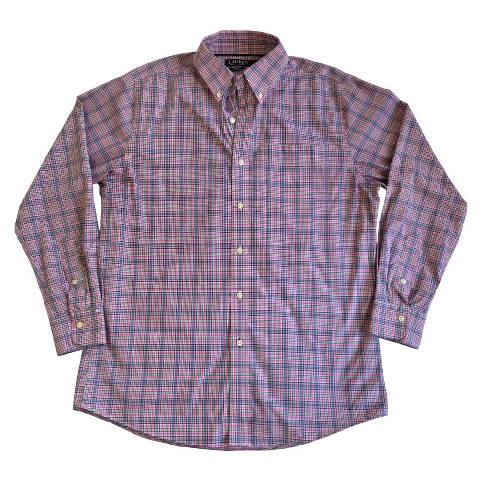 Lauren Ralph Lauren Mens 16.5 34/35 Slim Fit Stretch Non Iron Plaid Shirt Pink